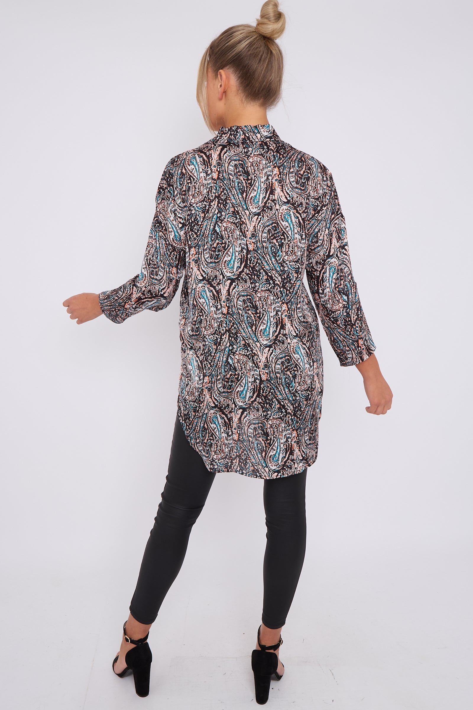 Black Paisley Print Layer Satin Oversized Shirt LS5003-P30