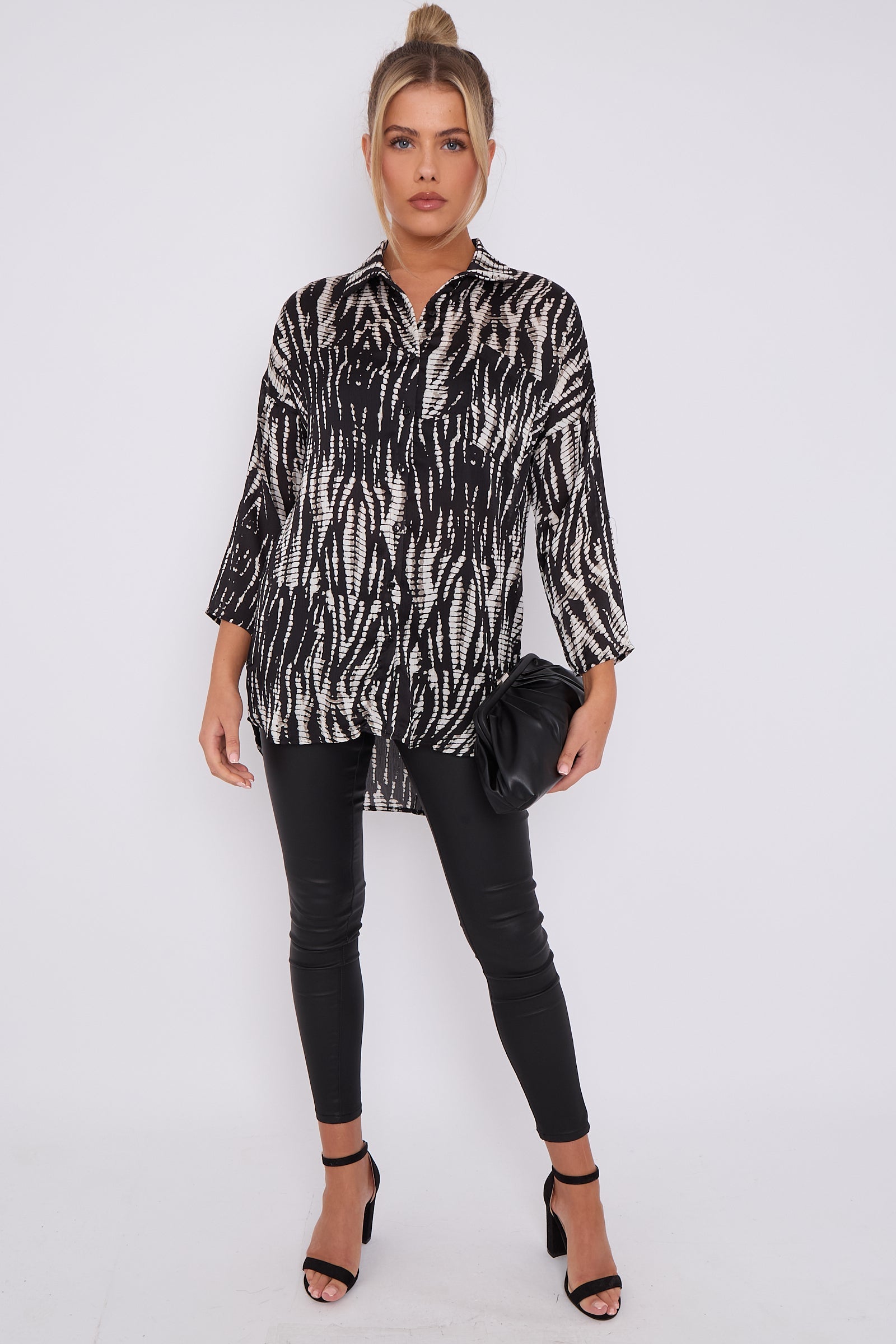 Black Tie Dye Print Satin Oversized Shirt LS5003-P36