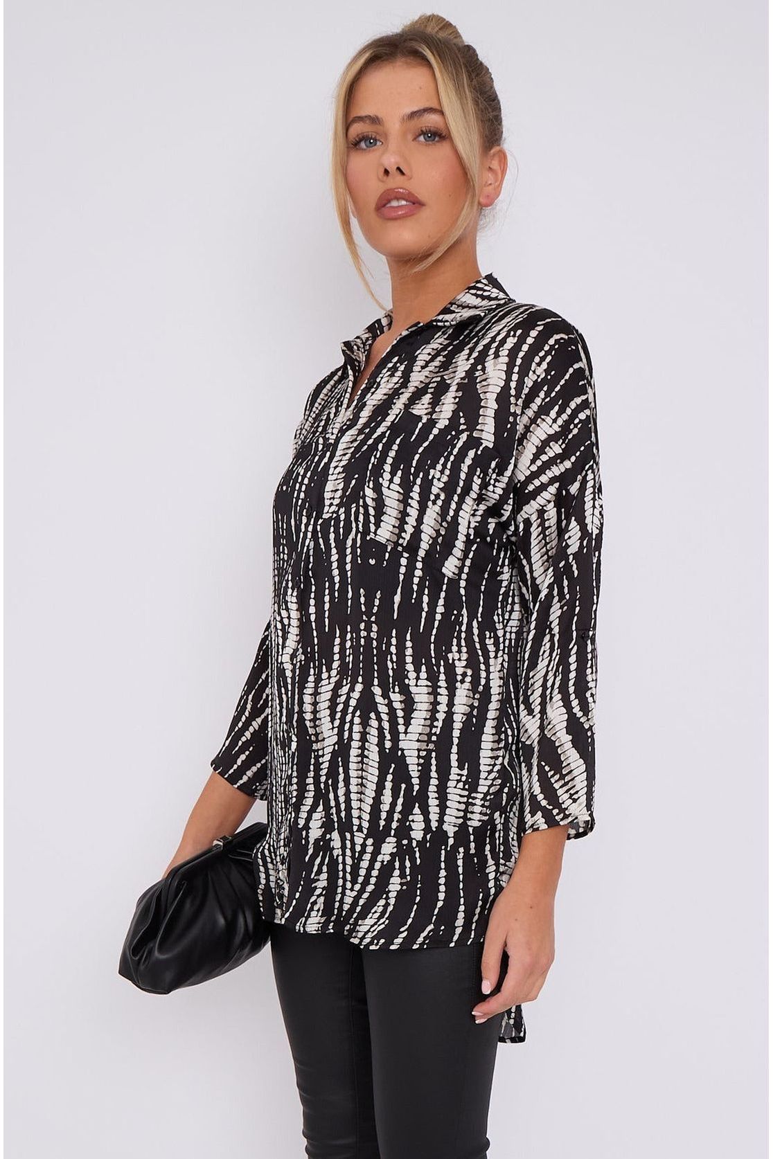 Black Tie Dye Print Satin Oversized Shirt LS5003-P36