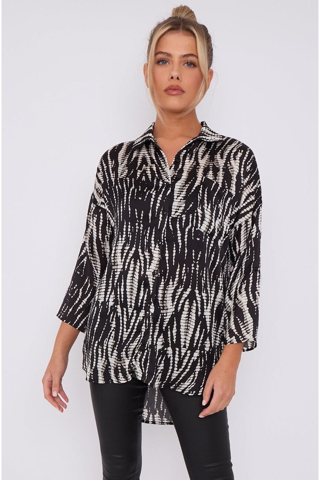 Black Tie Dye Print Satin Oversized Shirt LS5003-P36