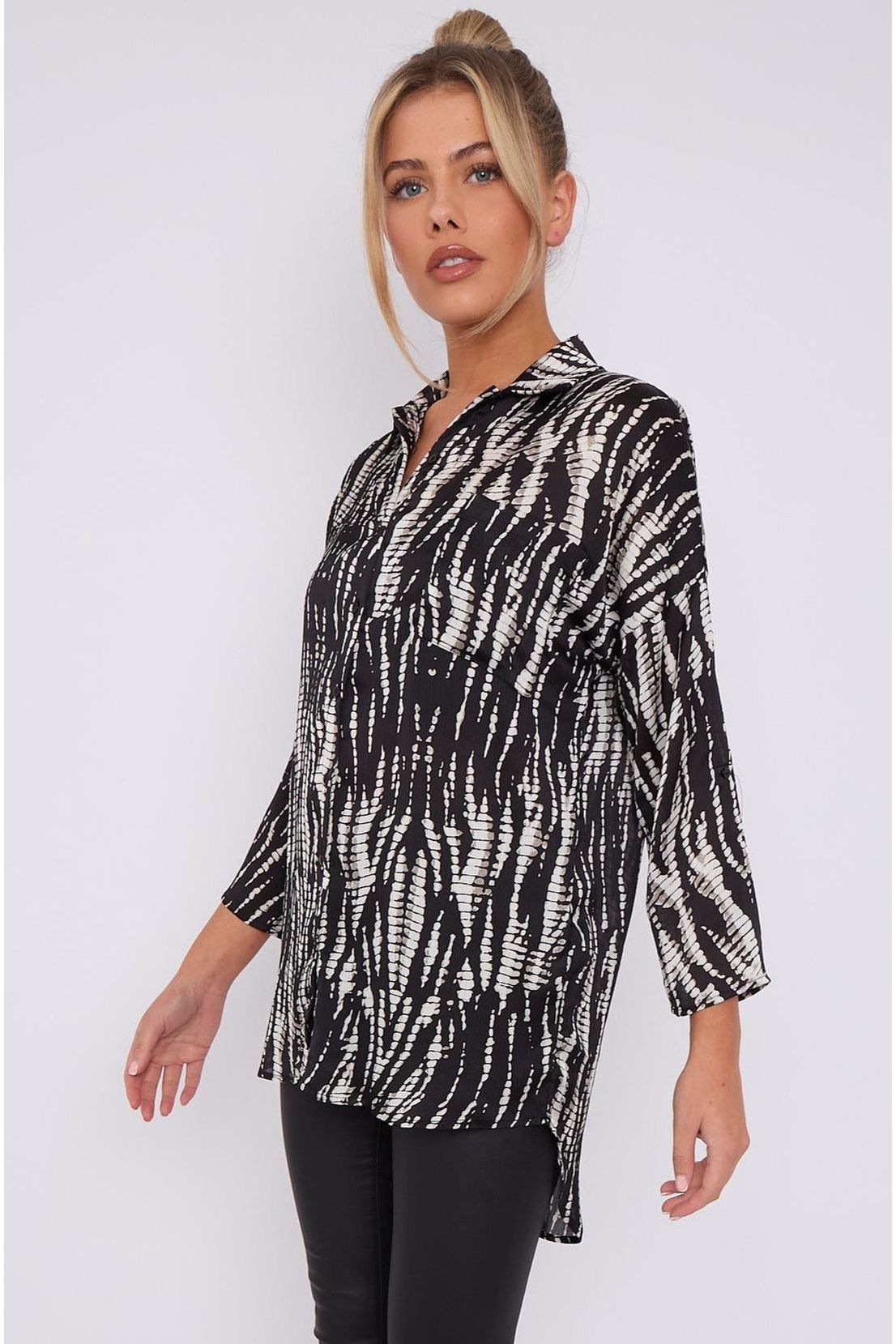 Black Tie Dye Print Satin Oversized Shirt LS5003-P36