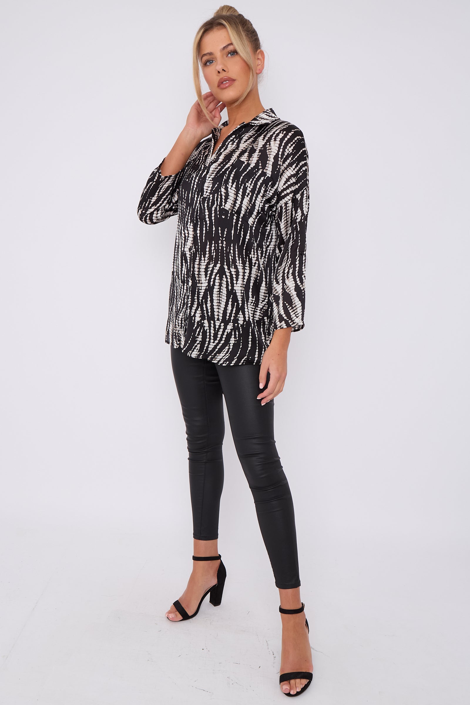 Black Tie Dye Print Satin Oversized Shirt LS5003-P36
