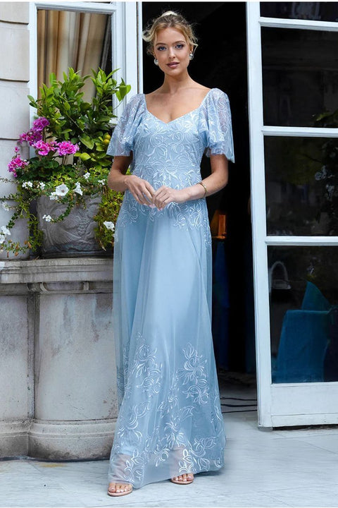 Lace Flutter Sleeve Embroidered Mesh A Line Maxi Dress - Blue by Goddiva