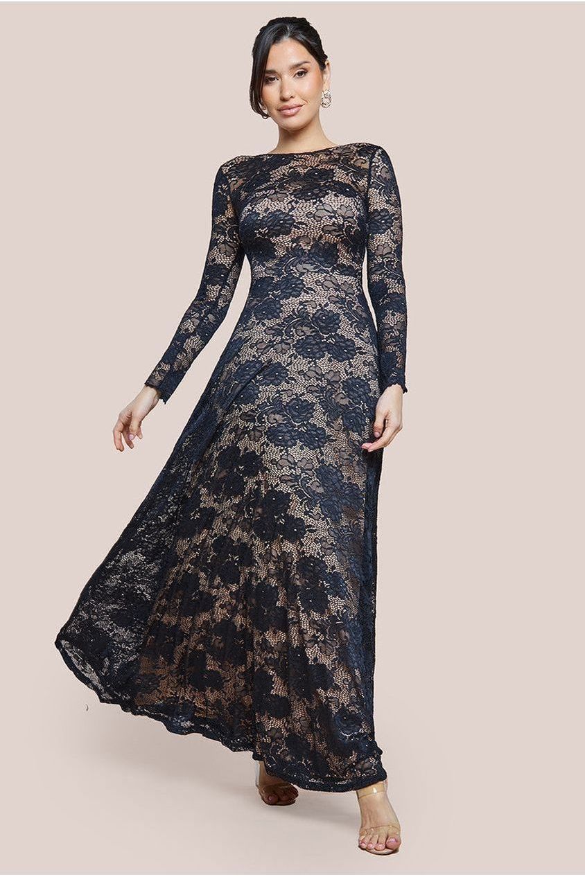 Scalloped Lace A-Line Maxi Dress - Black | Goddiva Scalloped Lace A-Line Maxi Dress - Black | Goddiva