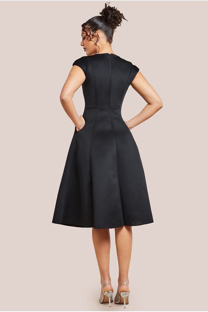 Cap Sleeve Plunging V-Neckline A-line Midi Dress - Black DR4540