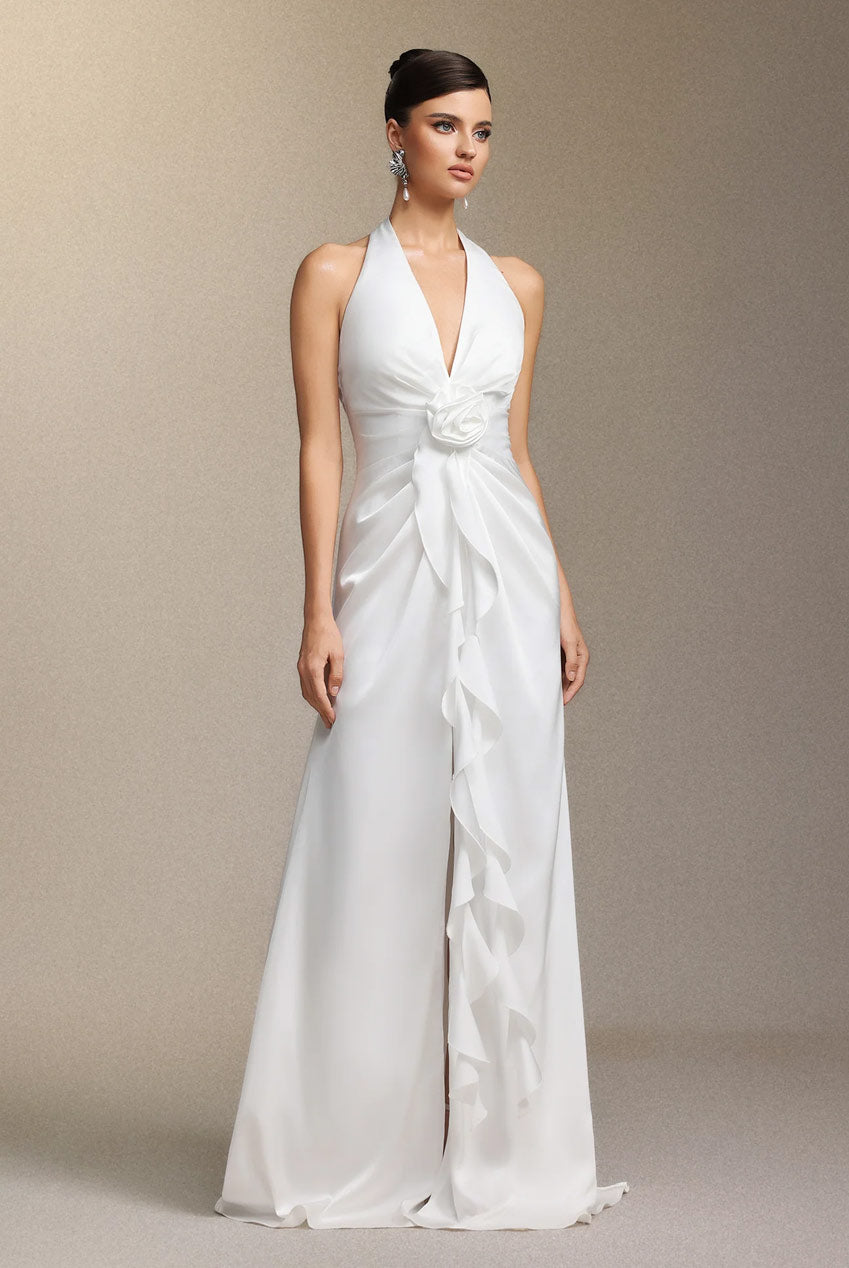 Salla Ruthie Halter-neck Three-dimensional Flower Ruffled Cinched Waist Maxi Dress W250705201