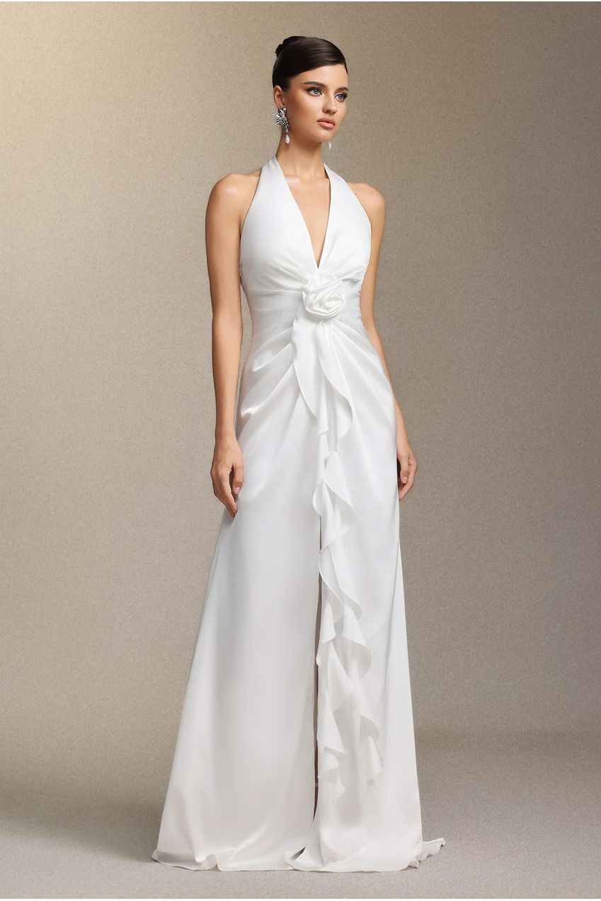 Salla Ruthie Halter-neck Three-dimensional Flower Ruffled Cinched Waist Maxi Dress W250705201