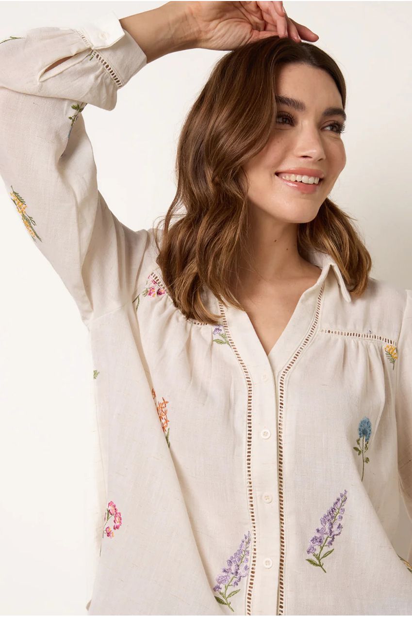Long Sleeve Embroidered Button Front Blouse WF5765BV001