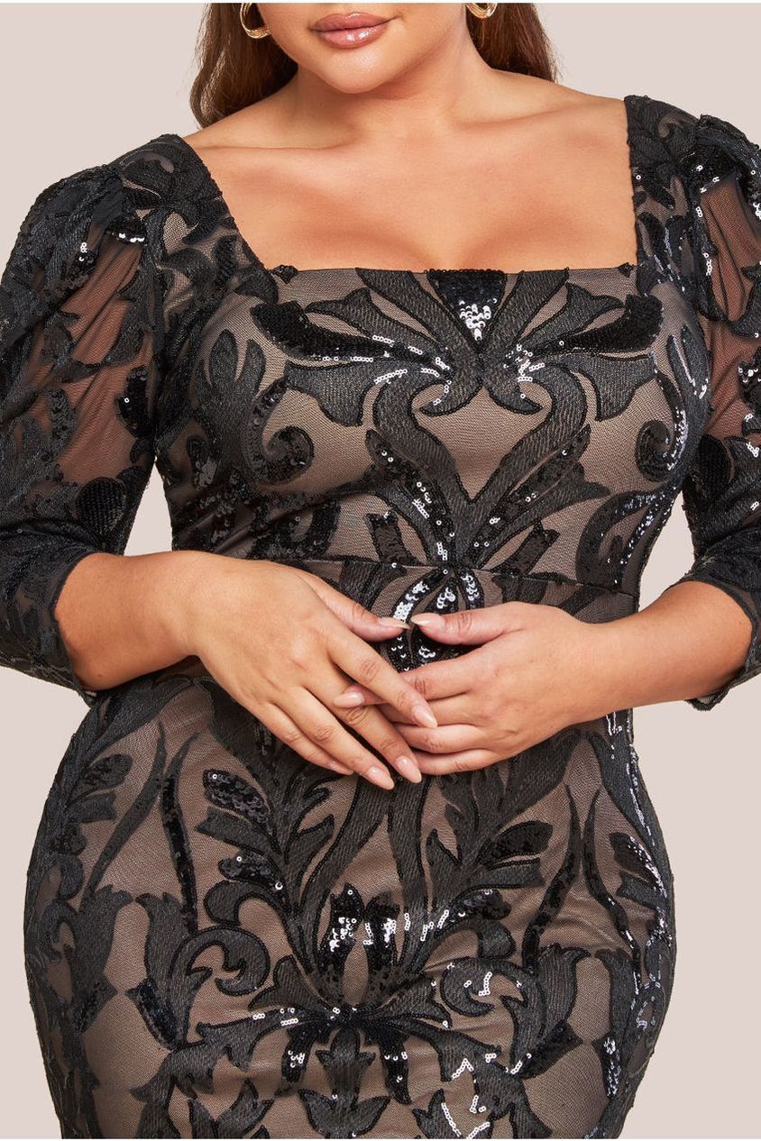 Square Neck Scalloped Embroidered Sequin Midi Dress - Black DR4124PLUS