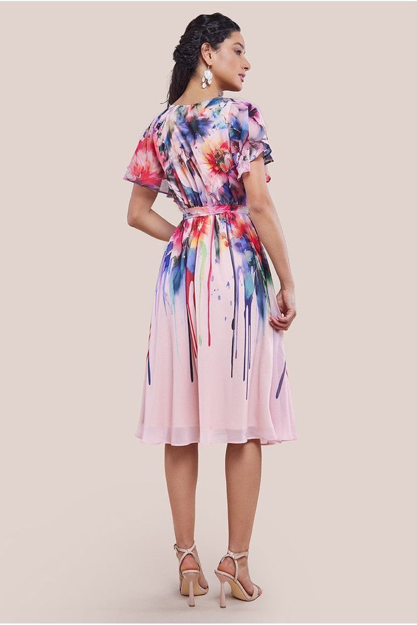 Flutter Sleeve Floral Bodice Midi Dress - Blush DR4330