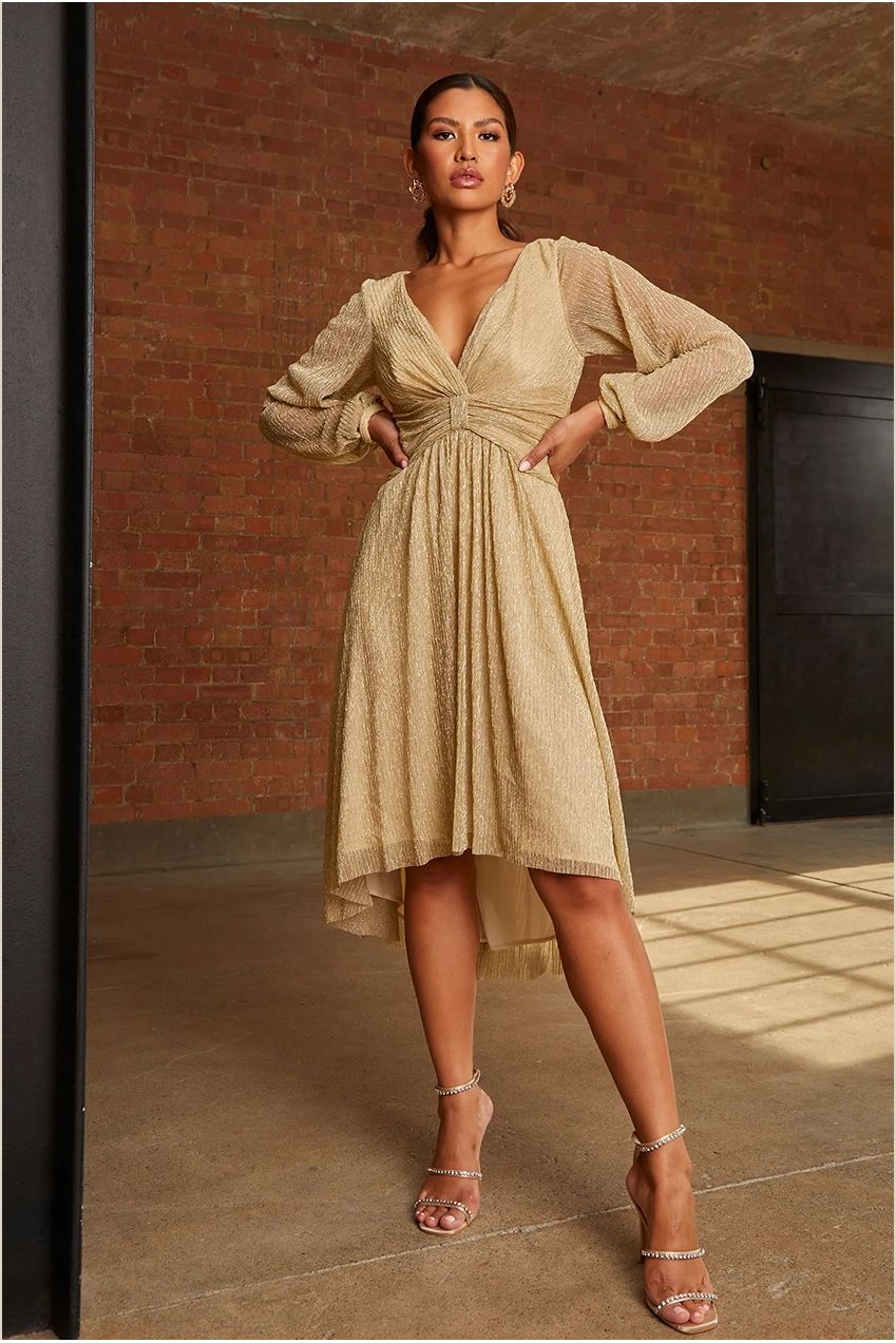 Long Sleeve Glitter Plisse Wrap Midi Dress In Gold WX9905GL