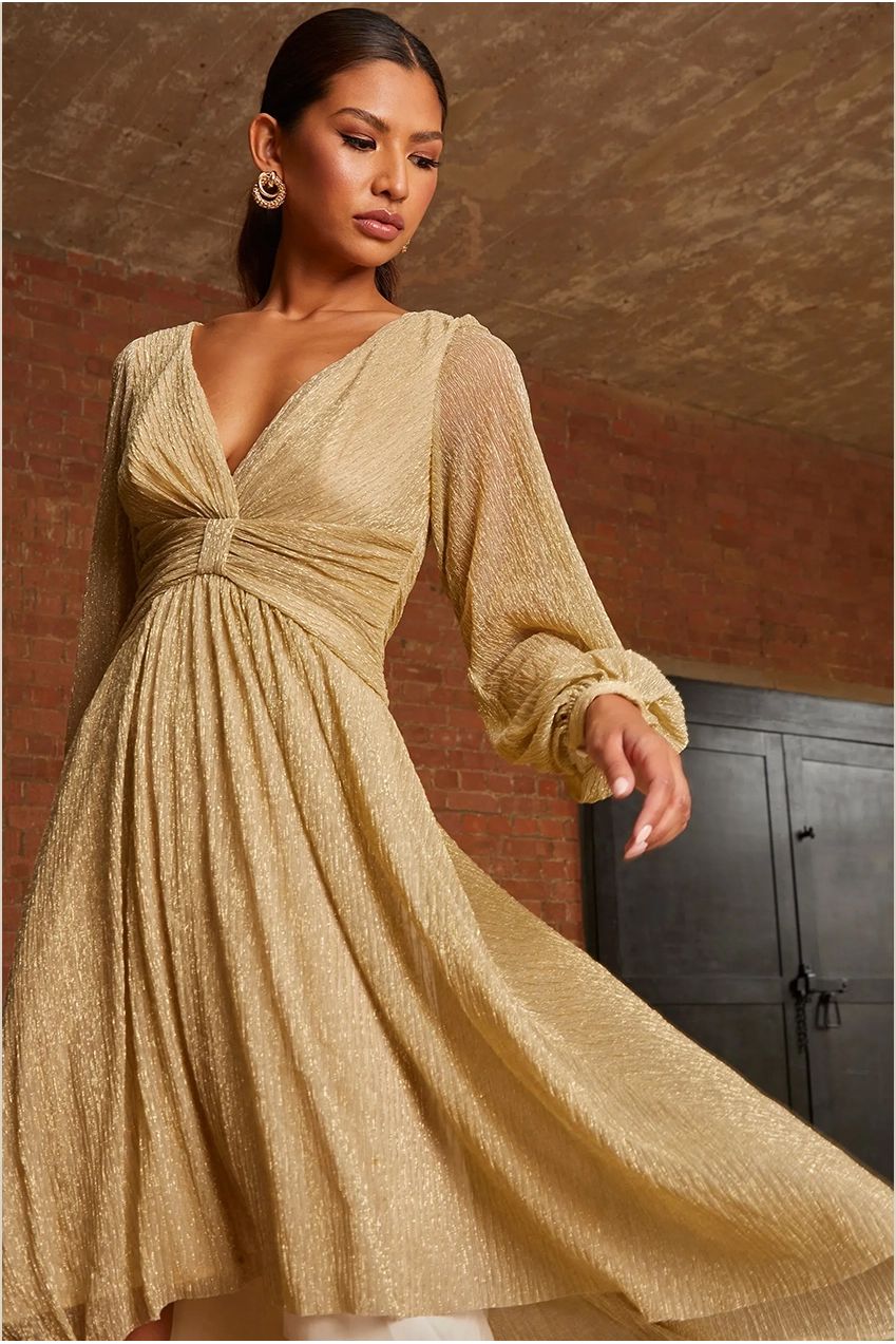 Long Sleeve Glitter Plisse Wrap Midi Dress In Gold WX9905GL