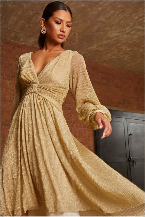 Long Sleeve Glitter Plisse Wrap Midi Dress In Gold by Chi Chi London