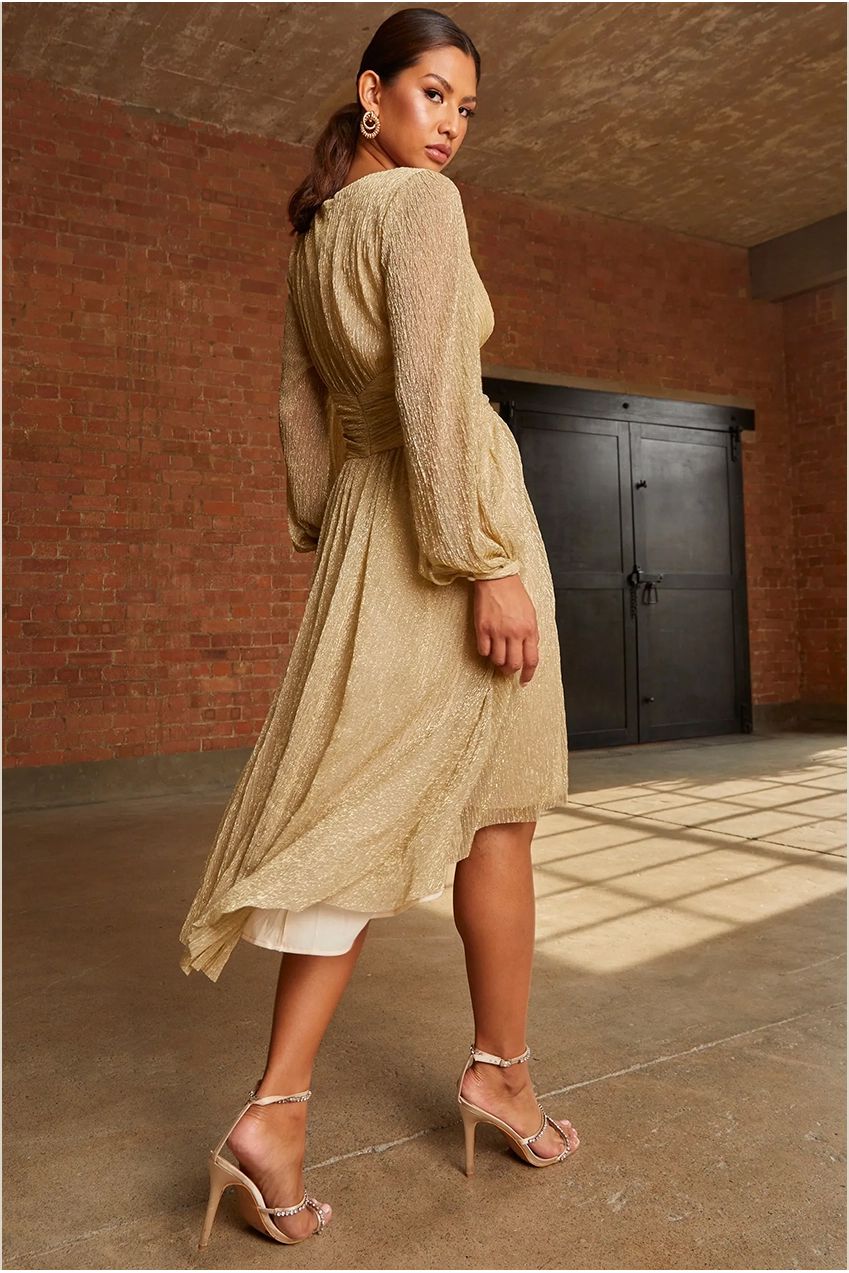 Long Sleeve Glitter Plisse Wrap Midi Dress In Gold WX9905GL