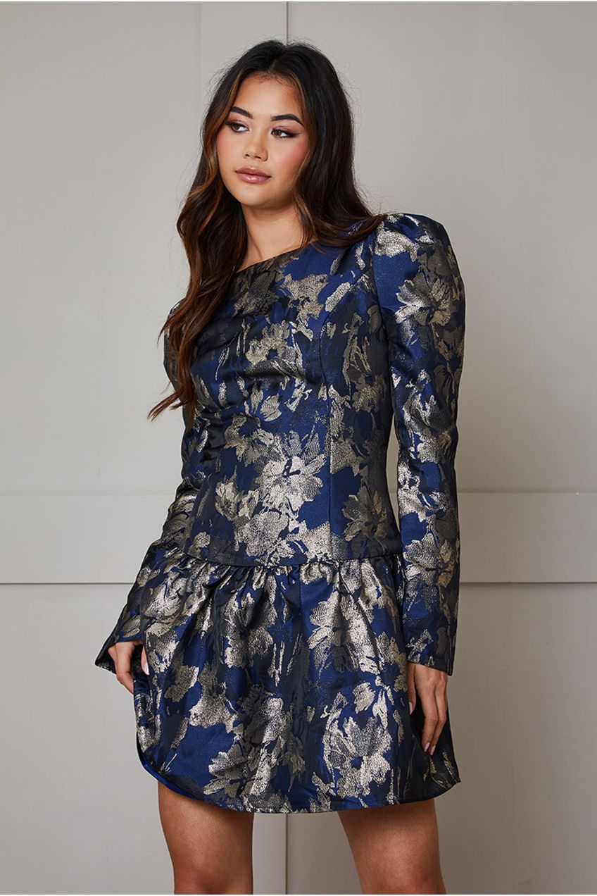 Long Sleeve Pephem Jacquard Mini Dress In Navy WX9908NB