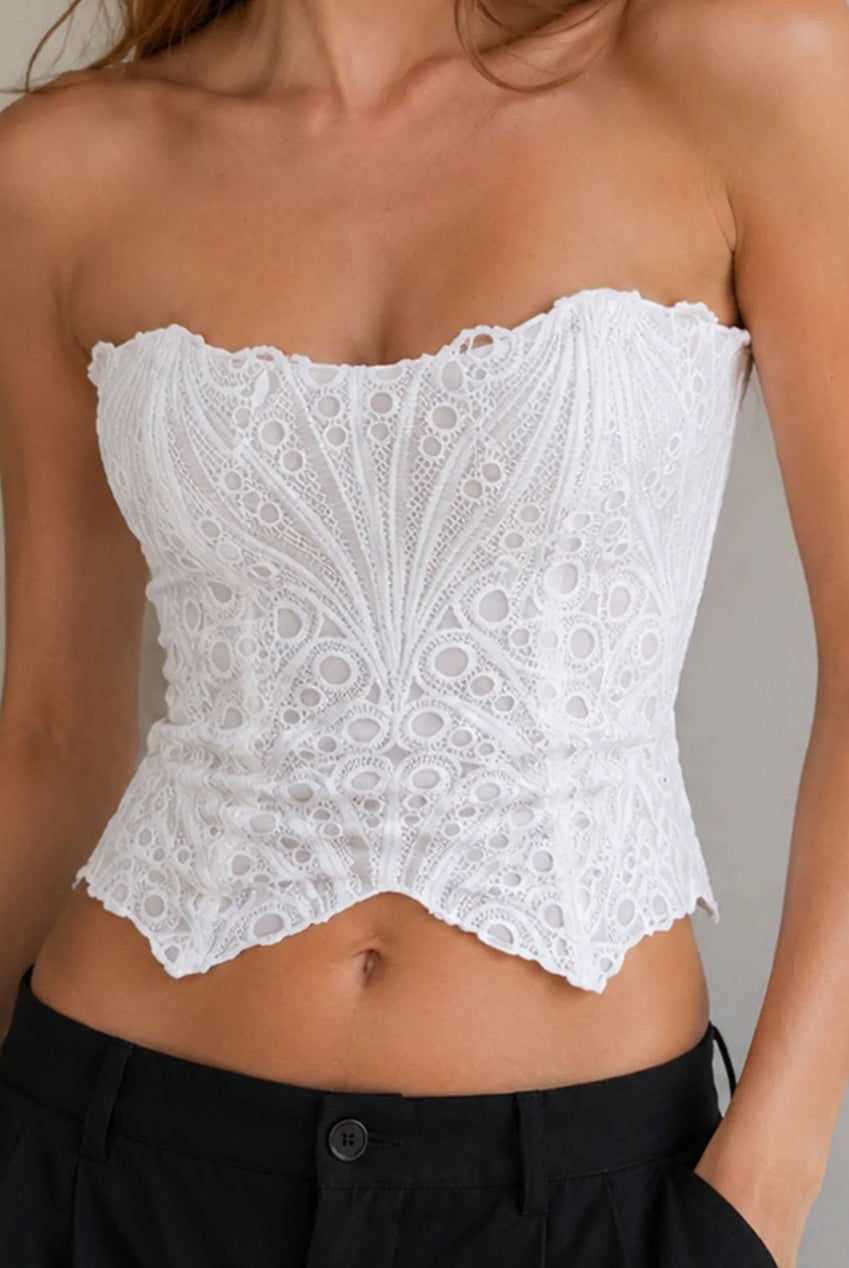 White Lace Bandeau Corset Top With Lace-Up Back AVCH-8866A