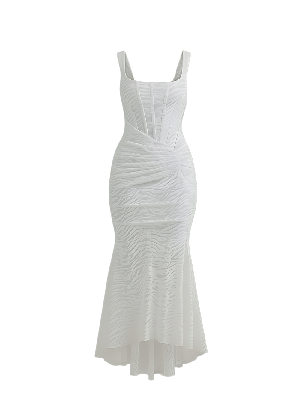 White Mermaid Ruched Waist Sleeveless Flared Hem Midi Dress AV-IMD2257