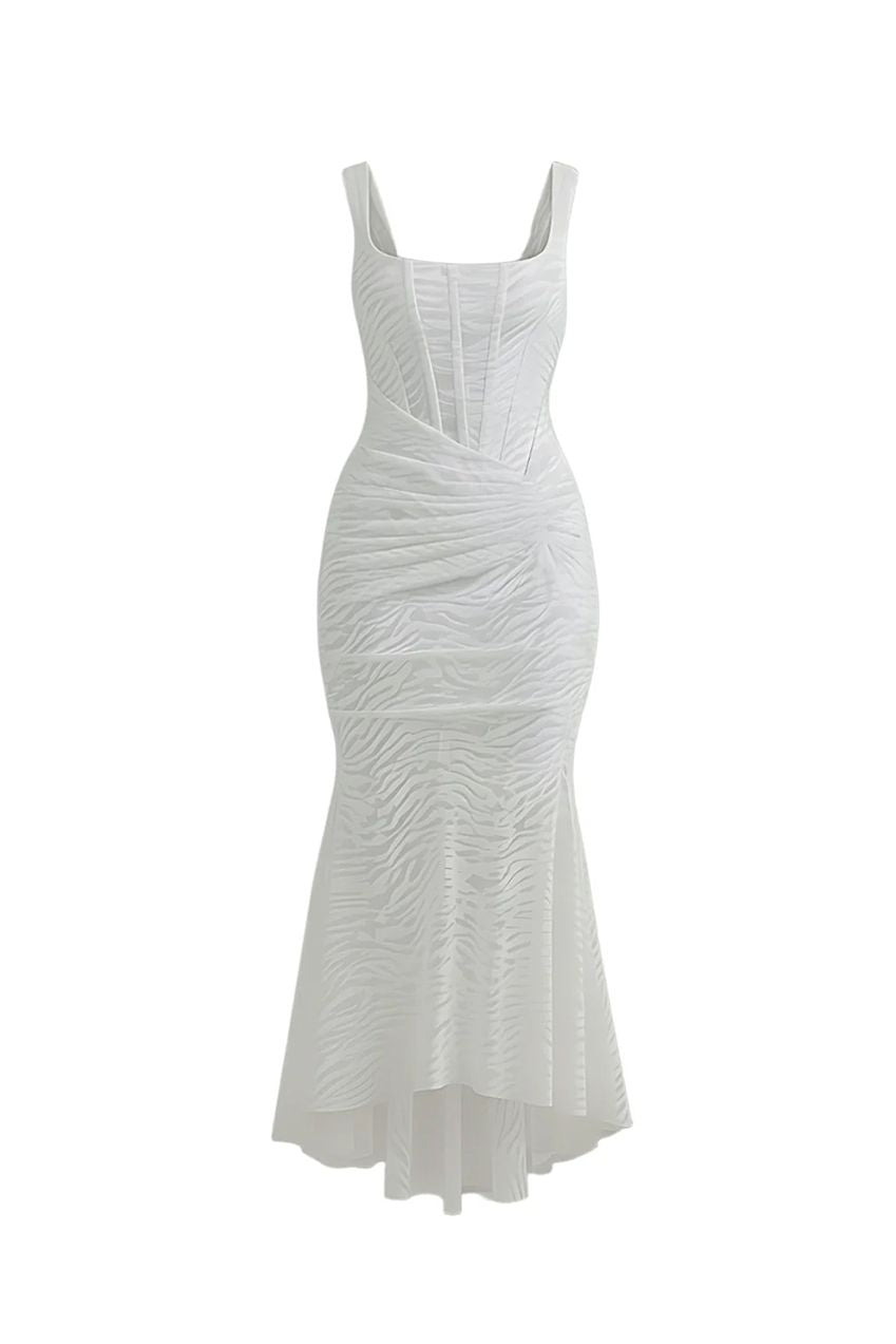 White Mermaid Ruched Waist Sleeveless Flared Hem Midi Dress AV-IMD2257