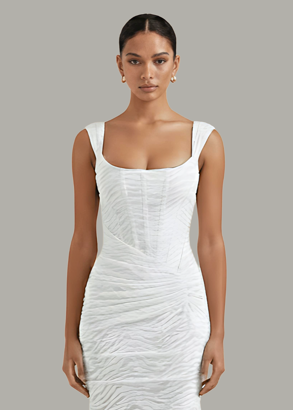 White Mermaid Ruched Waist Sleeveless Flared Hem Midi Dress AV-IMD2257