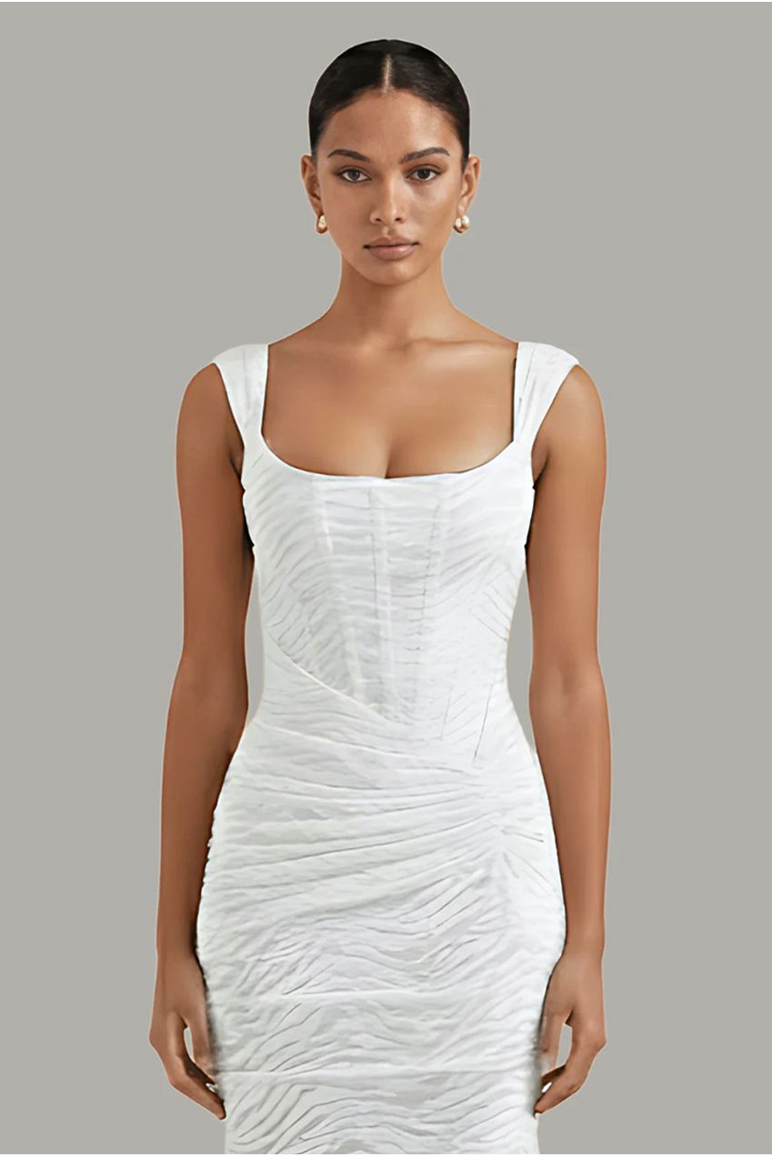 White Mermaid Ruched Waist Sleeveless Flared Hem Midi Dress AV-IMD2257