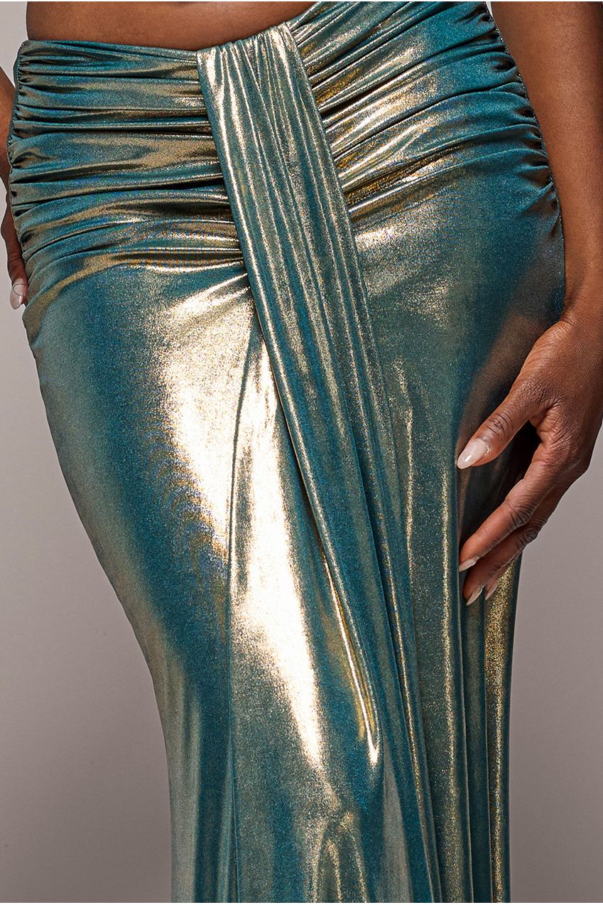 Gathered Front Dipped Waist Foil Maxi Skirt - Gold SK64