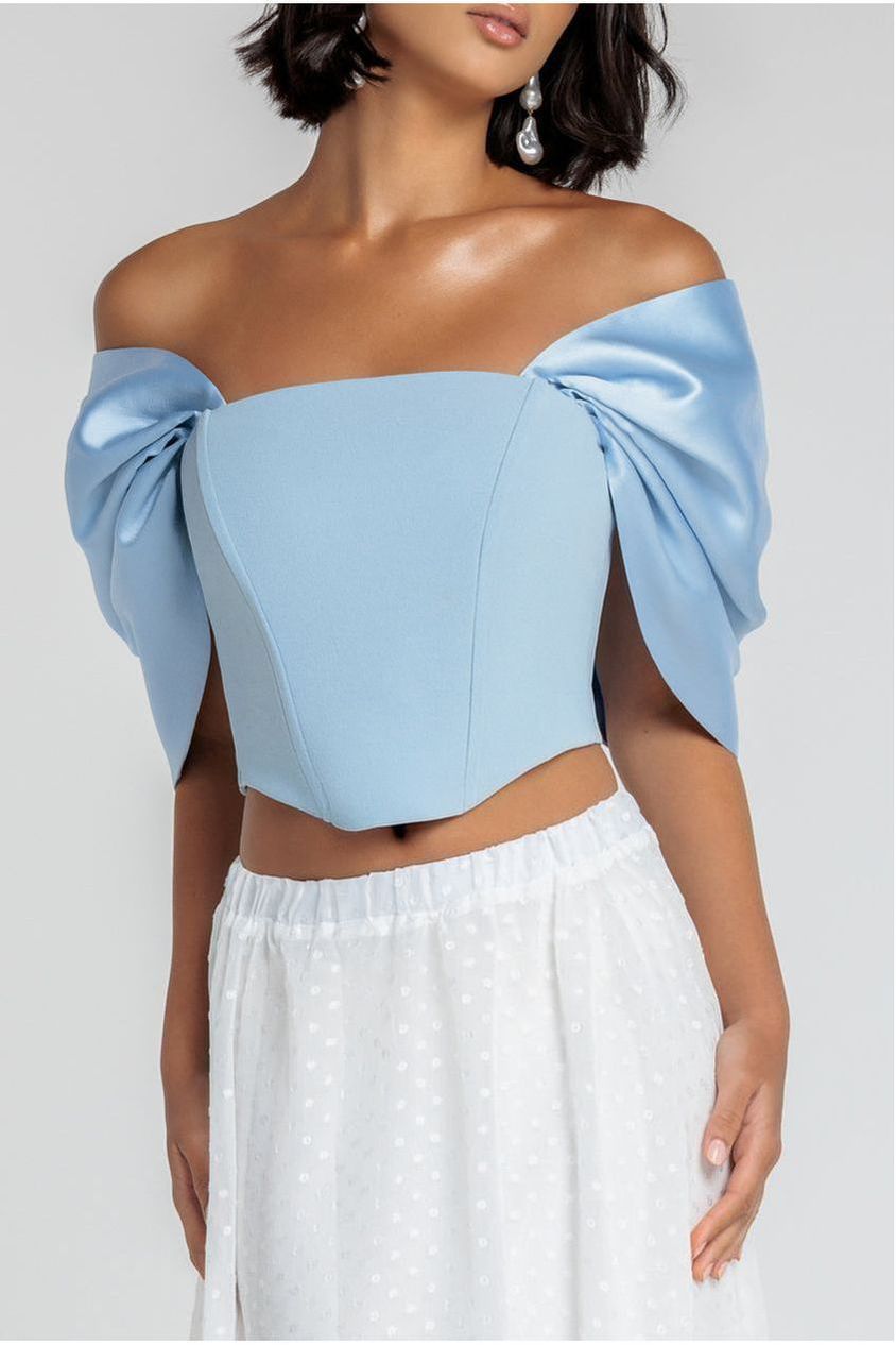 Off Shoulder Back Satin Bow Scuba Corset - Light Blue T225