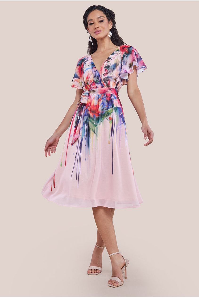 Flutter Sleeve Floral Bodice Midi Dress - Blush DR4330