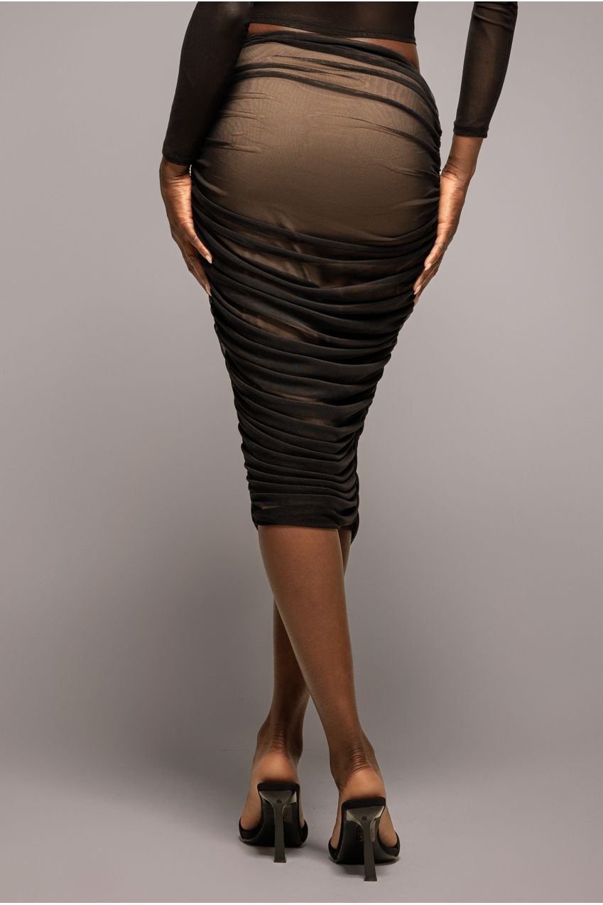 Gathered Side Mesh Midi Skirt - Black SK58