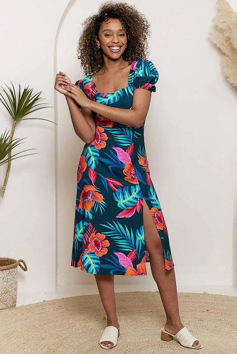 Puff Sleeve Midi Dress In Tropical Print by Angeleye