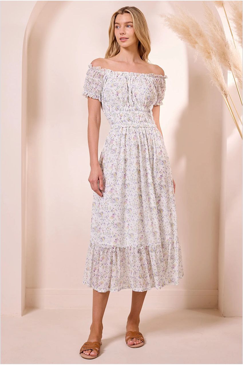 White Ditsy Mesh Bardot Maxi Dress Y040404