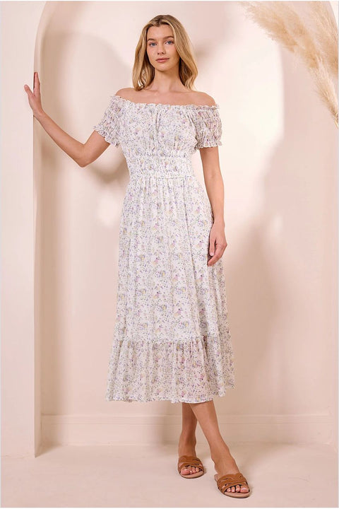 White Ditsy Mesh Bardot Maxi Dress by Angeleye