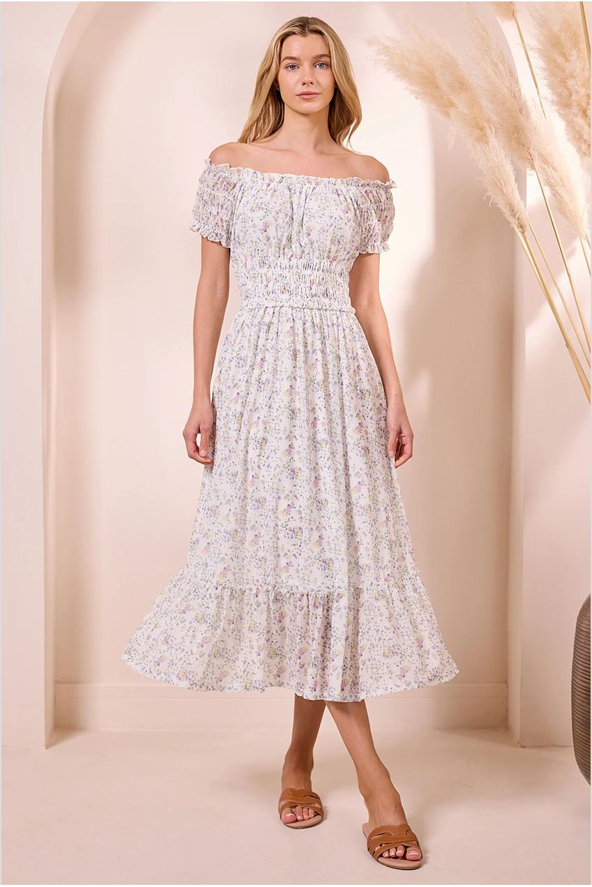 White Ditsy Mesh Bardot Maxi Dress Y040404