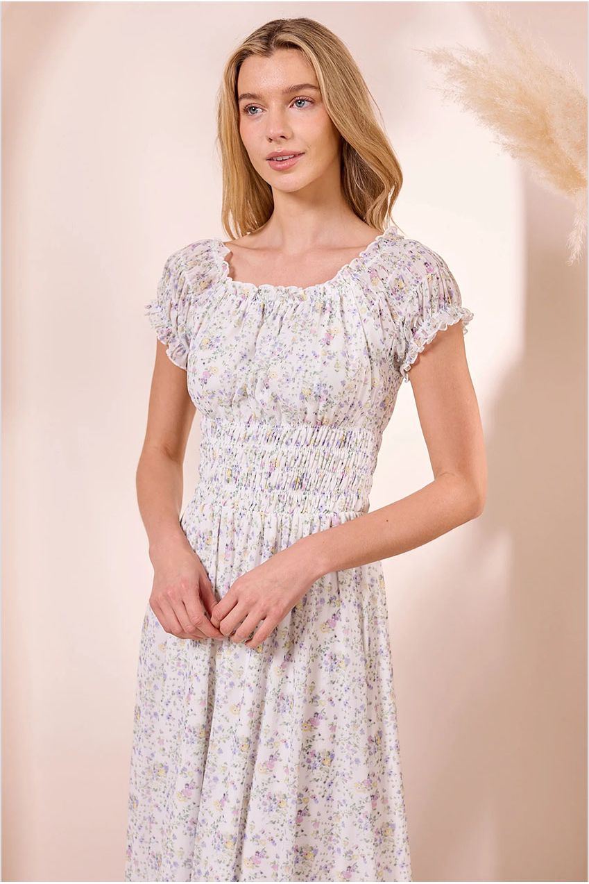 White Ditsy Mesh Bardot Maxi Dress Y040404
