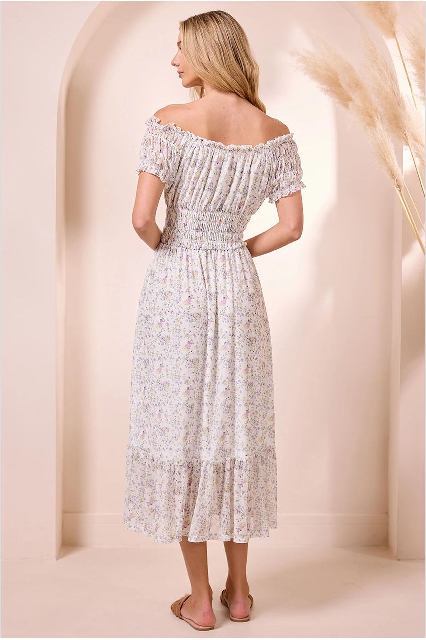 White Ditsy Mesh Bardot Maxi Dress Y040404