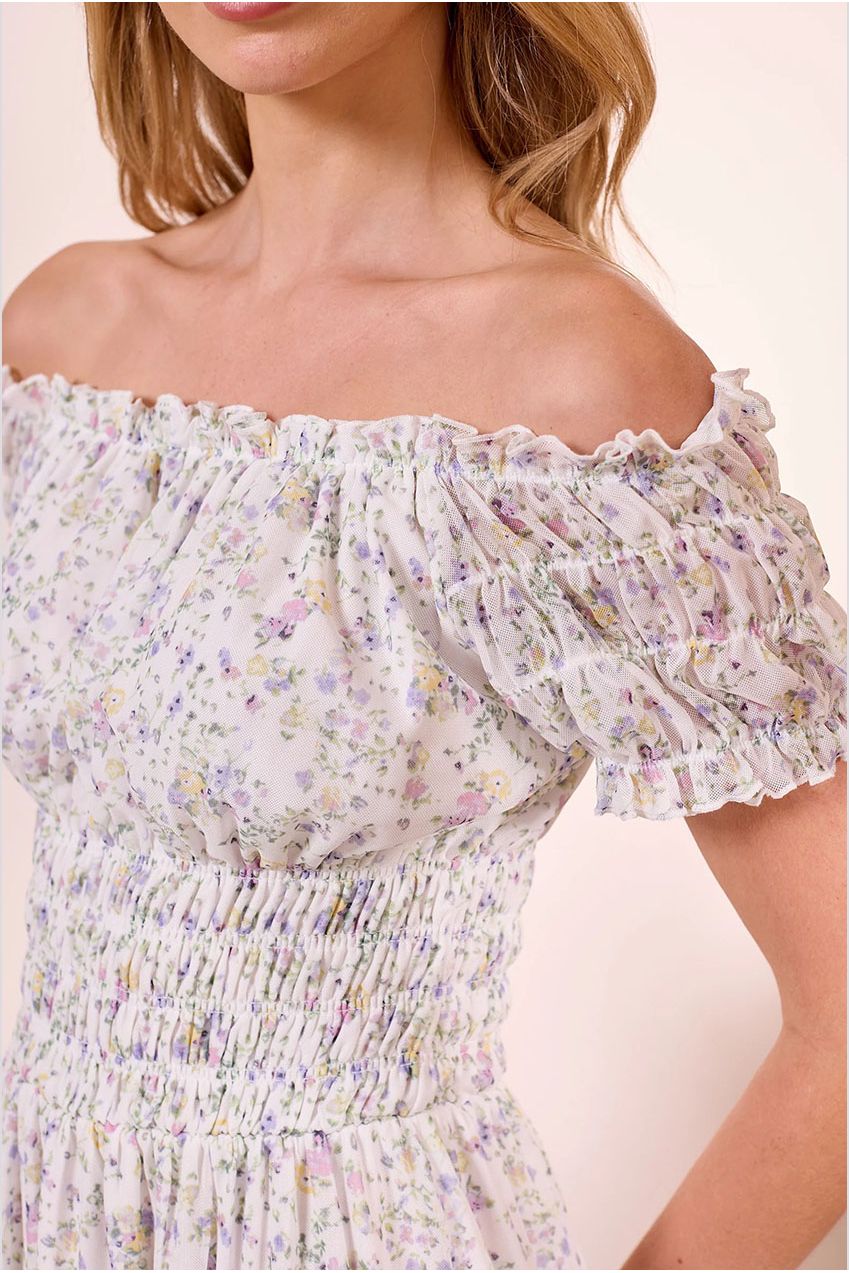 White Ditsy Mesh Bardot Maxi Dress Y040404