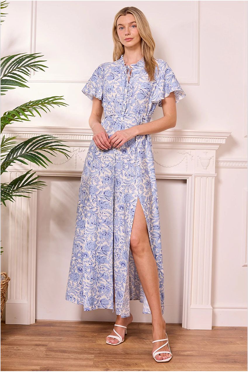 White Summer Maxi Dress With Blue Florals Y042584