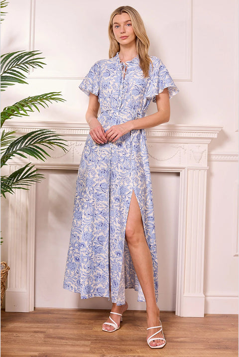 White Summer Maxi Dress With Blue Florals by Angeleye