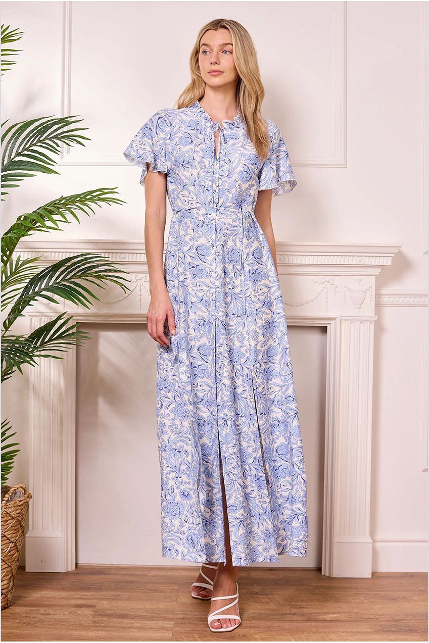 White Summer Maxi Dress With Blue Florals Y042584