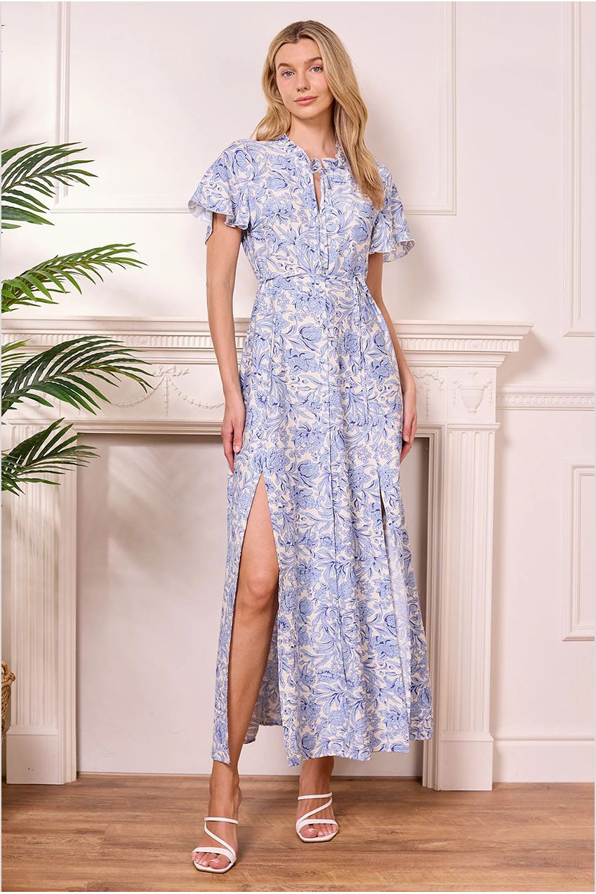 White Summer Maxi Dress With Blue Florals Y042584