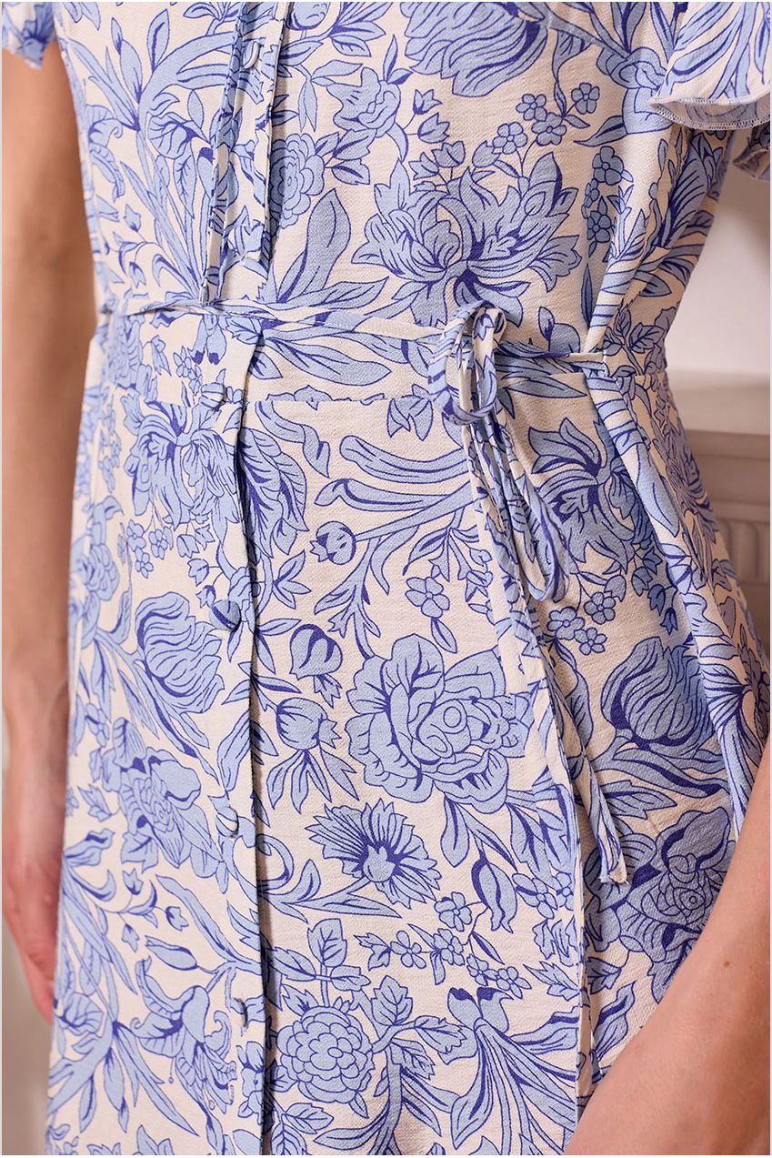 White Summer Maxi Dress With Blue Florals Y042584