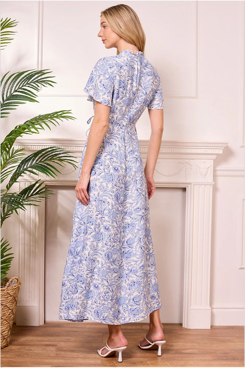 White Summer Maxi Dress With Blue Florals Y042584