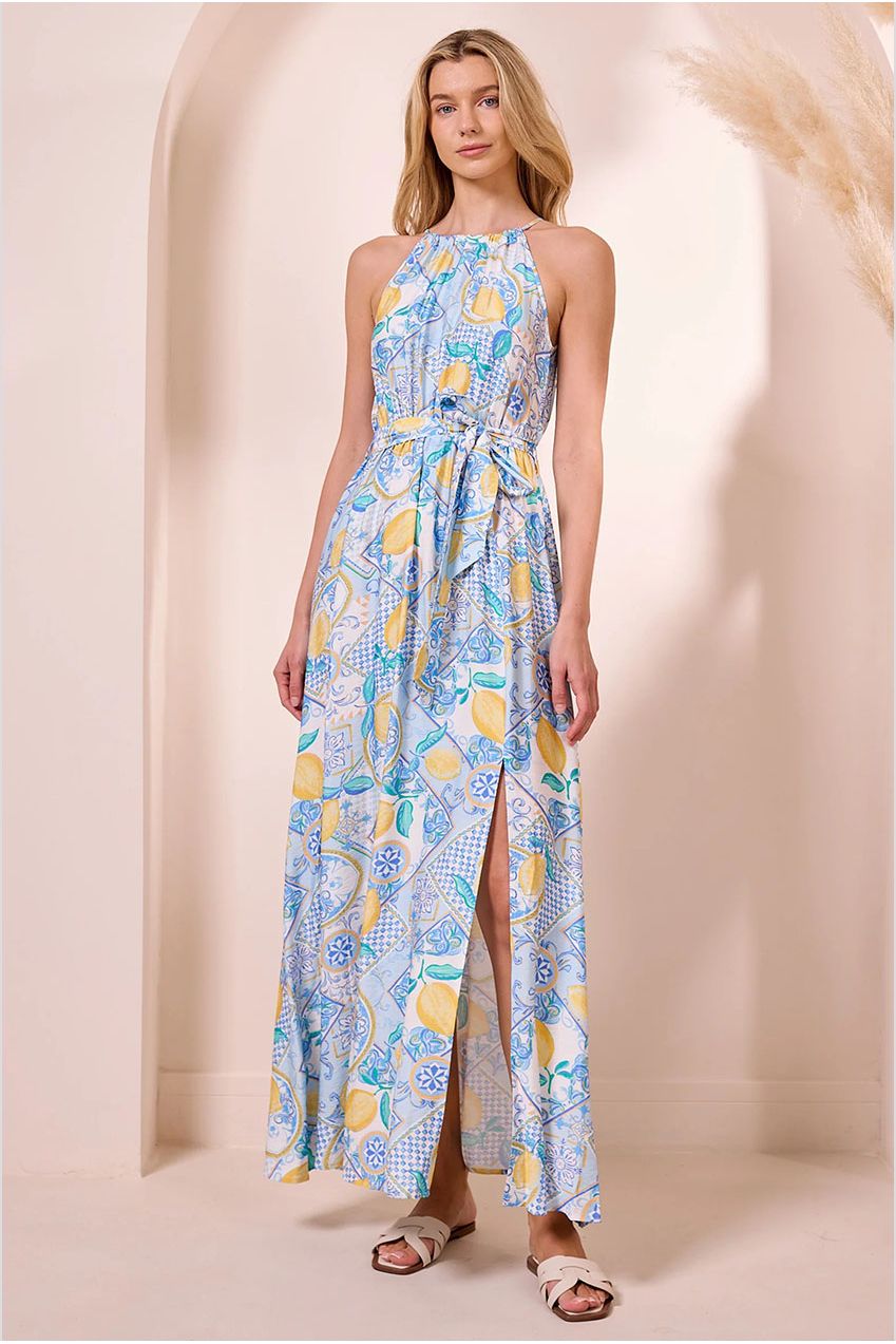 Blue Halterneck Maxi Dress With Lemons Y042585