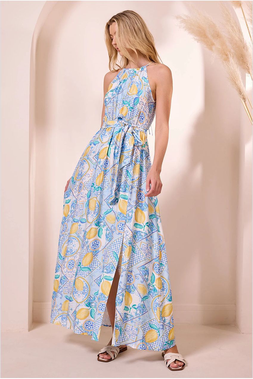 Blue Halterneck Maxi Dress With Lemons Y042585