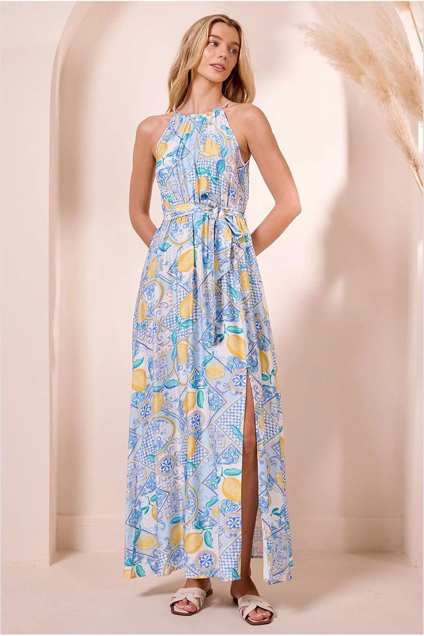 Blue Halterneck Maxi Dress With Lemons Y042585