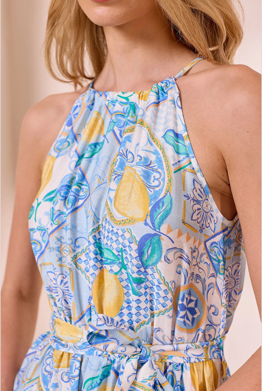 Blue Halterneck Maxi Dress With Lemons Y042585