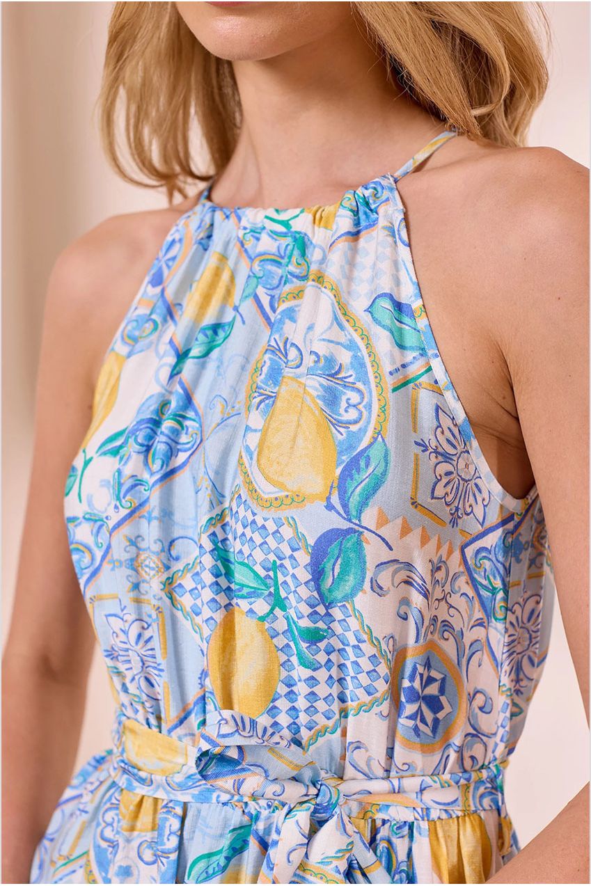 Blue Halterneck Maxi Dress With Lemons Y042585