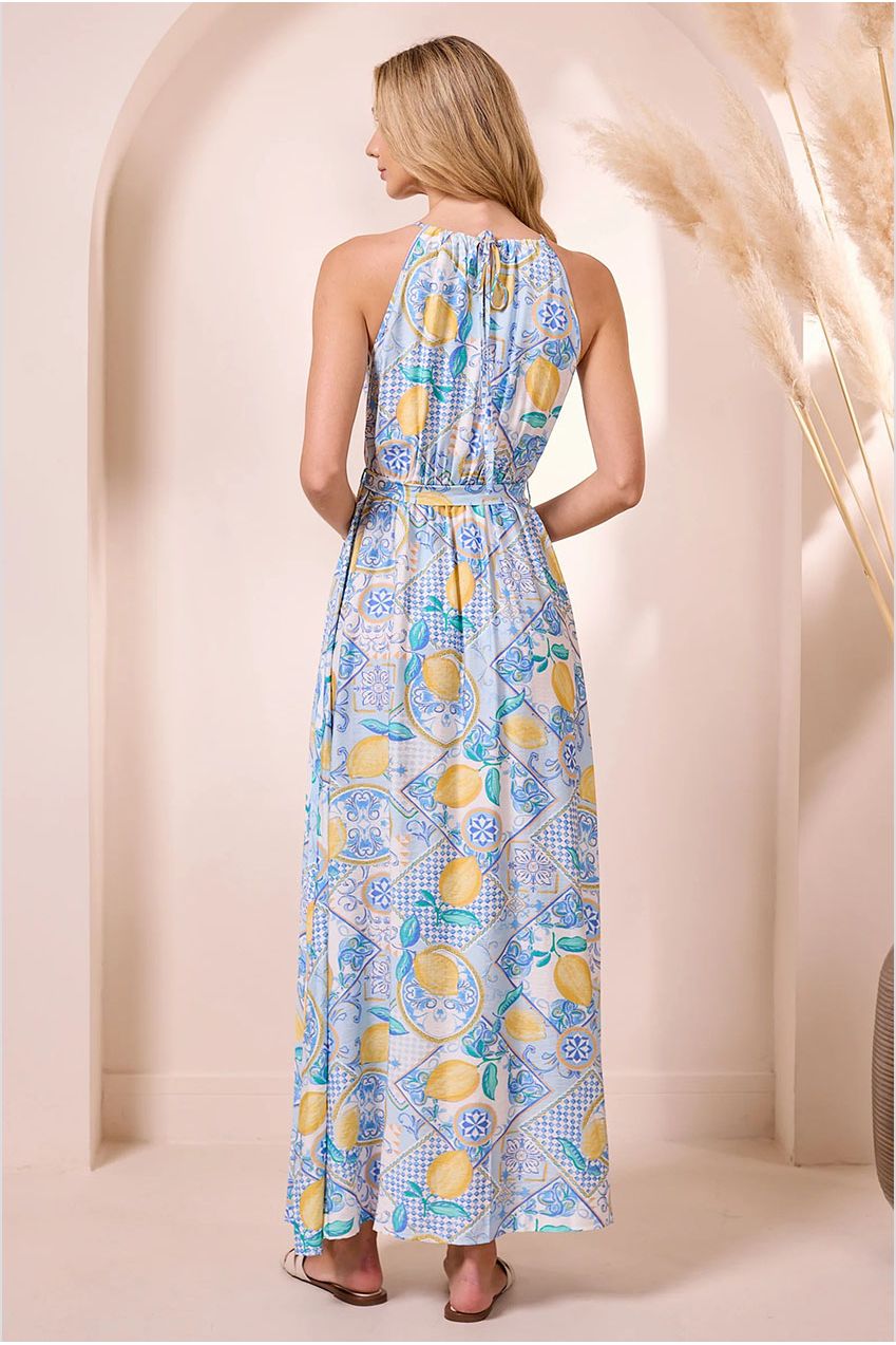 Blue Halterneck Maxi Dress With Lemons Y042585