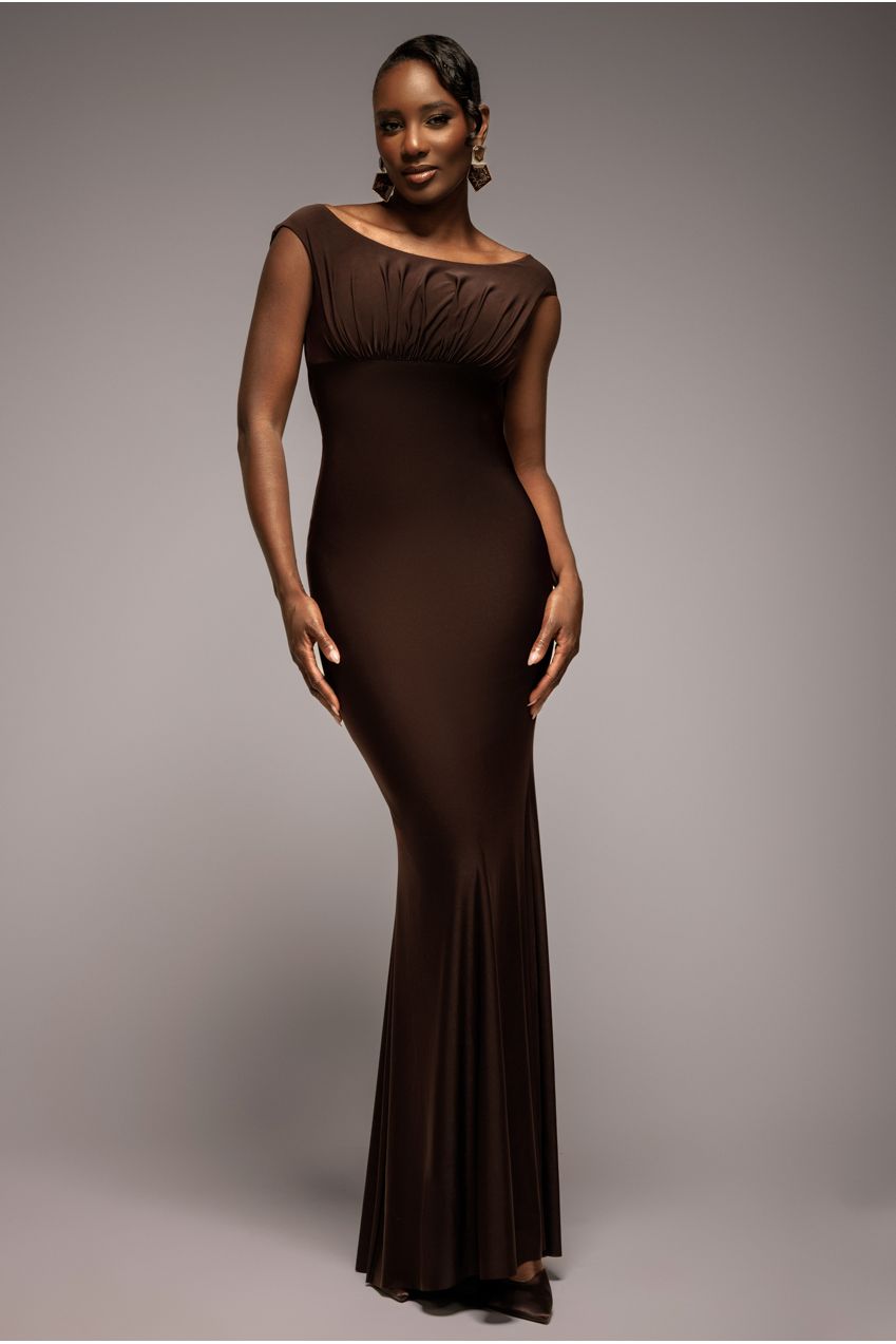 Open Back Cowl Neck Gathered Maxi Dress With Velvet Tie Back - Brown DR4856
