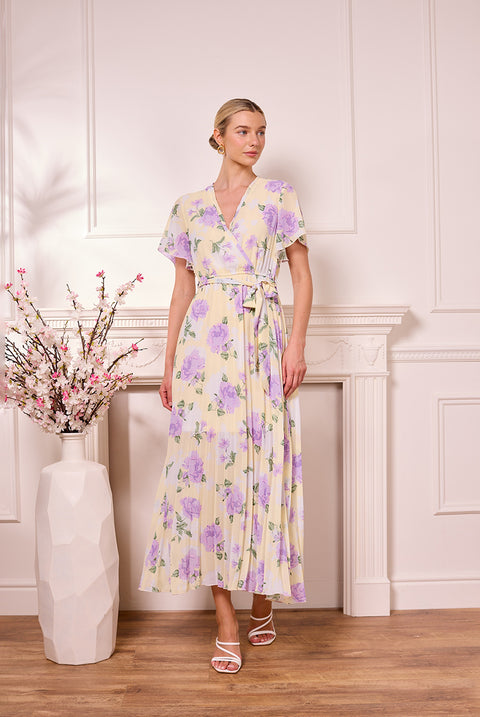 Butter Yellow Pleated Dress With Purple Florals by Angeleye