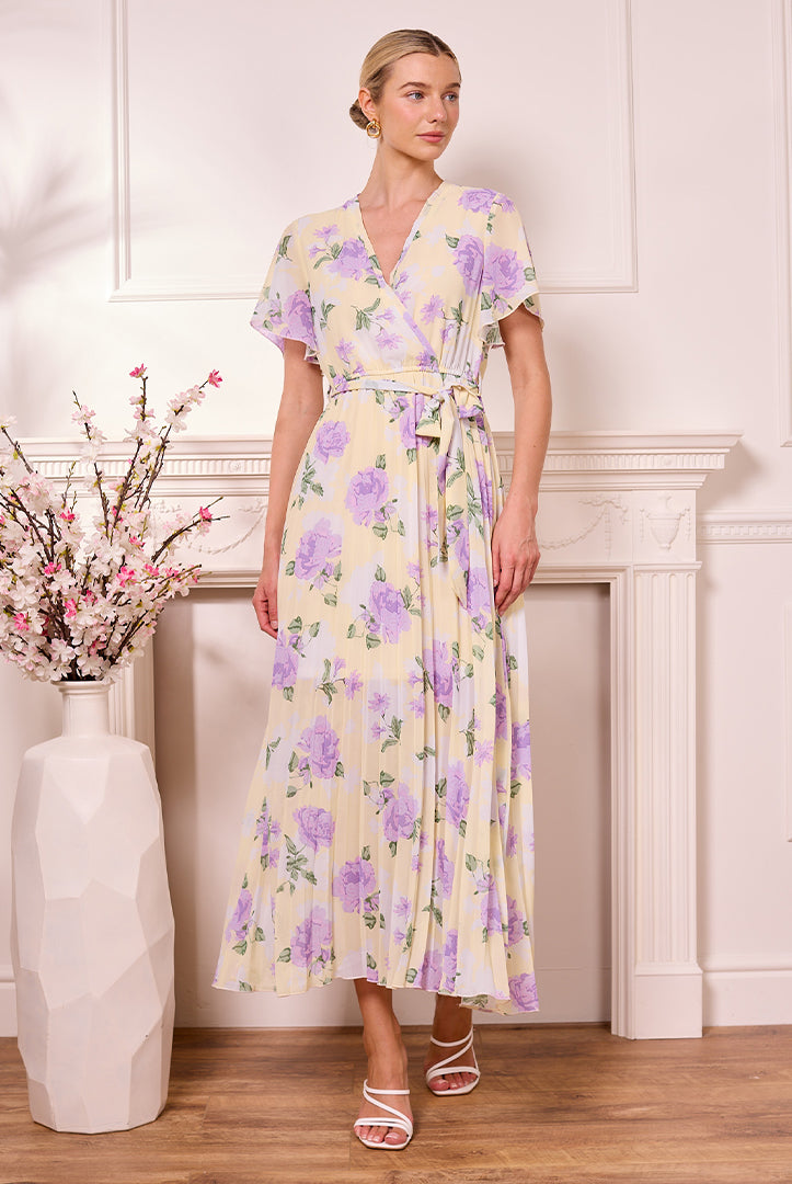 Butter Yellow Pleated Dress With Purple Florals Z042588YLWF